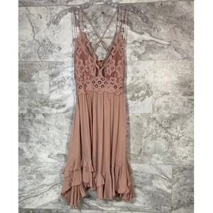 Free People One Adella Pink Small Lace Smocked Mini‎ Dress Cottagecore *FLAW*